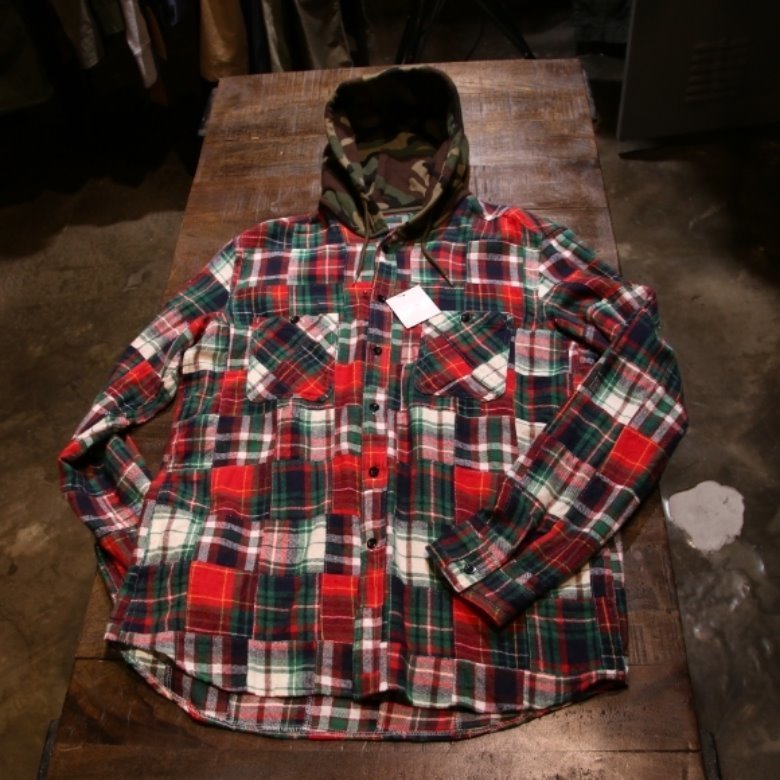 SOPHNET PATCH WORK FLANNEL CHECK HOODED SHIRT　